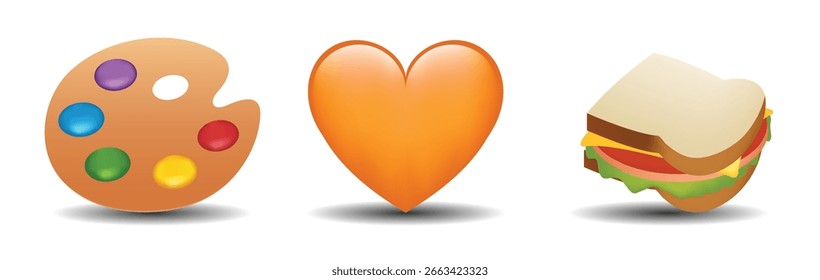 3 emoticons isolated on white background. Orange color heart, palette, sandwich vector emoji illustration. 3d illustration set.