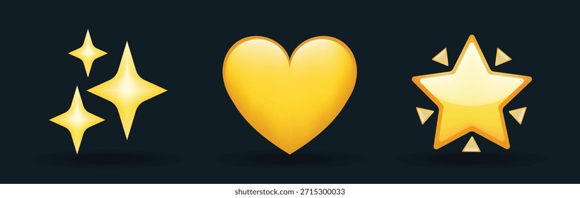 3 emoticonos aislados sobre fondo blanco. Ilustración de emoji de Vector de corazón y estrellas doradas de color amarillo. Conjunto de ilustración 3D.