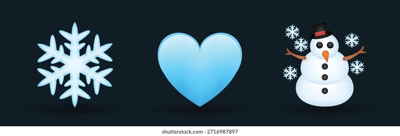 3 emoticonos aislados sobre fondo blanco. Corazón de color azul, muñeco de nieve y Vector de copo de nieve ilustración emoji. Conjunto de ilustración 3D.