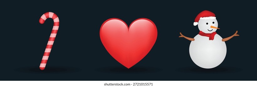 3 emoticonos aislados sobre fondo blanco. Ilustración de emoji de Vector de bastón de caramelo, muñeco de nieve y corazón de color rojo. Conjunto de ilustración 3D.