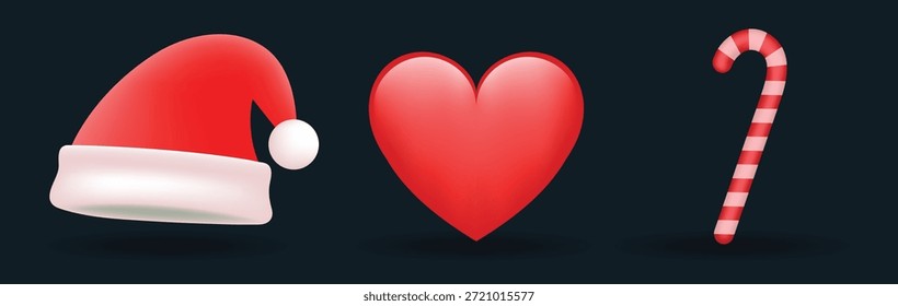 3 Emoticons einzeln auf weißem Hintergrund. Rote Farbe Herz, Zuckerrohr und Schneemann Hut Vektor Emoji Illustration. 3D-Illustrationssatz.
