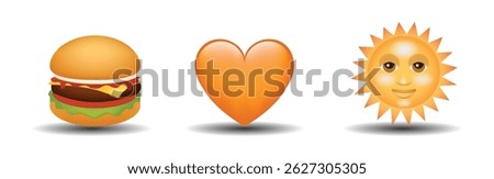 3 emoticons isolated on white background. Orange color heart, hamburger, sun vector emoji Illustration. 3d illustration set.