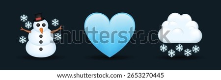3 emoticons isolated on white background. Blue color heart, snowman, snowy cloud vector emoji illustration. 3d illustration set.