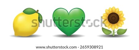 3 emoticons isolated on white background. Green color heart, lemon, sunflower vector emoji illustration. 3d illustration set.