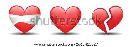 3 emoticons isolated on white background. Red color heart, bandaged and broken heart vector emoji illustration. 3d illustration set.