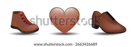 3 emoticons isolated on white background. Brown color heart, boot, shoe vector emoji illustration. 3d illustration set.