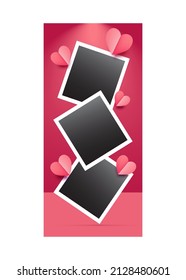 3 empty photo frames for your pictures. Romantic pink, rose background with flying hearts. White vintage frame. 3d illustration. Wedding, honeymoon memories. Scrapbooking style. I love you, confession