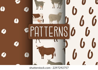 3 Endless seamless patterns with ungulates. Decor for farm products and wildlife defender. Cow, deer, buffalo, bull, goat, ram, sheep, donkey, elk, horse. Nature shapes Vector illustration. 