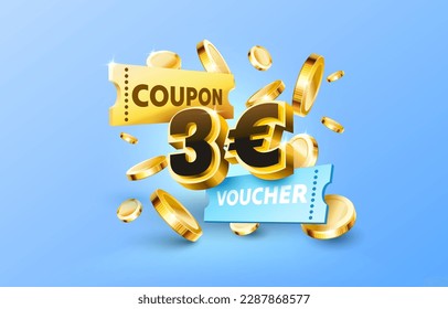 3 euro coupon gift voucher, cash back banner special offer. Vector illustration