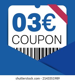 3 Euro Coupon promotion sale for a website, internet ads, social media gift 3 off discount voucher. Big sale and super sale coupon discount. Price Tag Mega Coupon discount with vector illustration.
