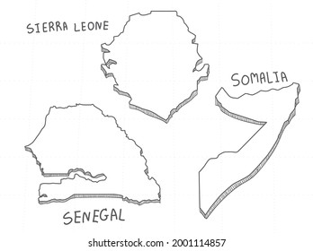 3 Europe 3D Map is composed Sierra Leone, Somalia and Senegal. All hand drawn on white background.