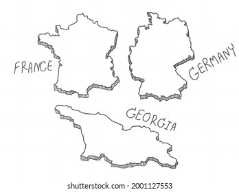 3 Europe 3D Map is composed Germany, France and Georgia. All hand drawn on white background.