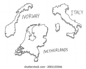 3 Europe 3D Map is composed Norway, Italy and Netherlands. All hand drawn on white background.