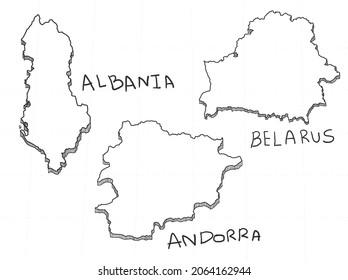 3 Europe 3D Map is composed Albania, Andorra and Belarus. All hand drawn on white background.