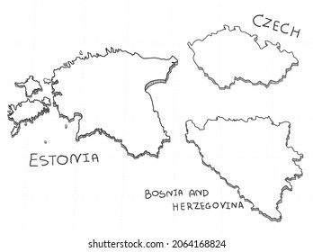 3 Europe 3D Map besteht aus Bosnien und Herzegowina, Estland und der Tschechischen Republik. Alle handgezeichnet auf weißem Hintergrund.