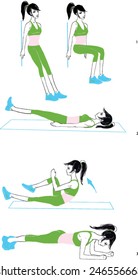 3 exercises set. Woman doing exercises . Vector