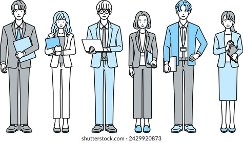 3 female businesspersons and 3 male businesspersons(Full body, multiple people)