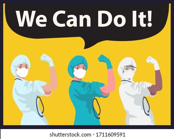 3 female medical personnel wearing protective clothing and standing against their fists with the message we can do it! Yellow background vector cartoon illustration