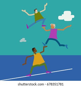 3 figures, 1 balancing on a line, 1 balancing on the hand of the man balancing on the line, the third balancing on the hand of the second man. Clouds float by in the background.