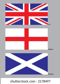 The 3 flags of the United Kingdom drawn in CMYK and placed on individual layers.