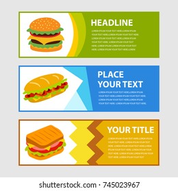 3 Flat horizontal banners with fast food menu. Stock vector template, easy to use.