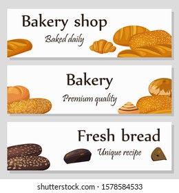 3 flat horizontal banners set with bread products.  Whole grain, wheat bread, ciabatta, croissant, french baguette, cinnamon bun, loaf,  dried fruit bread. Flat style, vector illustration.