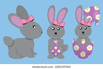 3 Flat Illustrations of Gray Female Rabbit with Easter Egg