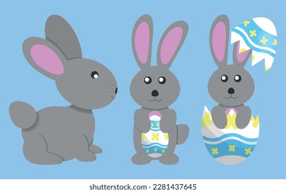 3 Flat Illustrations of Gray Rabbit with Easter Egg