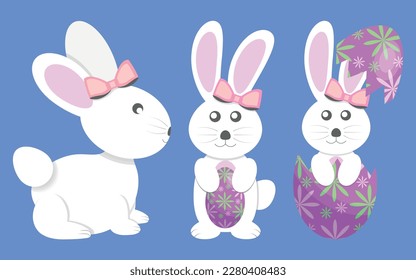 3 Ilustraciones planas de conejo femenino blanco con huevo de Pascua