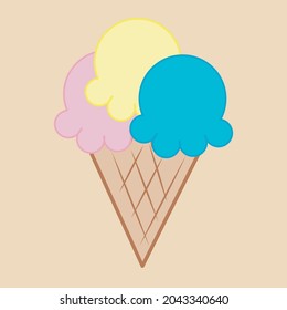 3 flavors of cone ice cream, super delicious vector with color background, cartoon