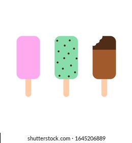 3 flavour of popsicle ice-cream, strawberry, mint with chocolate chips, chocolate with chocolate coating 