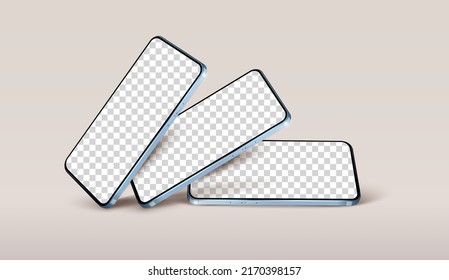 3 diseños flotantes realistas de smartphone. Smartphone desde diferentes ángulos. Recogida para diseños de interfaz de usuario de aplicaciones. Ilustración del vector