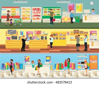 3 floor supermarket: food, electronics and clothing. people shopping in a supermarket. vector illustration in flat style.