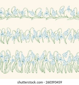 3 floral decorations elements seamless borders. Flowers snowdrops.