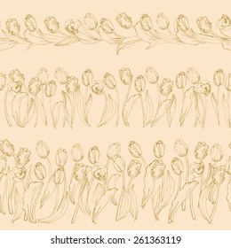 3 floral decorations elements seamless borders. Flowers tulips.