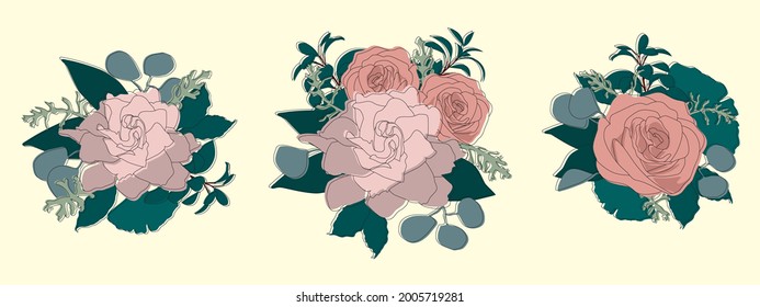 3 flowers composition with roses and gardenias. Shades of pink, blue-ish leaves. Editable vector. Designer set. Ornament, decorative, wedding set