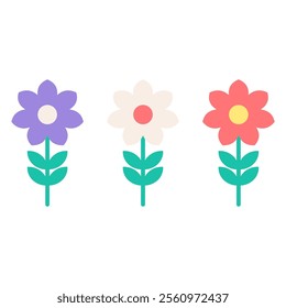 3 flowers different color with green leaf on white background, cute flowers for element and decoration.