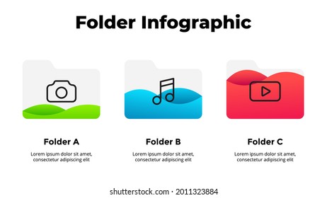3 folder icons - empty, half-full, full. Infographic slide template for your presentation. File manager. Data visualization with liquid.