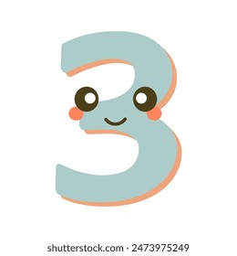 3 font number. Number with five cute faces, children, children's room, birthday party design, cartoon vector illustration