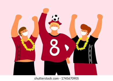 3 football fans wearing masks and cheering for the team.
Safety measures. (Covid-19 - coronavirus)