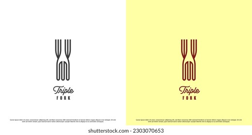 3 forks logo design illustration. Simple line art silhouette of 3 forks geometric cutlery monogram home kitchen furniture. Suitable for housewife kitchen dining furniture business symbol object icon.