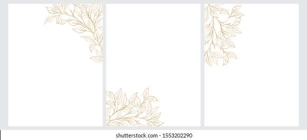 3 Freehand Tree Twigs Vector Illustrations.Gold Tree Branches Isolated on a White Background. Simple Elegant Wedding Cards.Floral Hand Drawn Art for Card, Invitation, Embossing, Hot Stamping. No Text.
