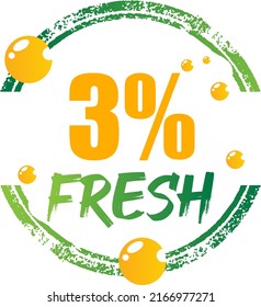 3% Fresh Vector Illustration of fresh food on Green, Orange and white background, graphic label or sticker and product label
