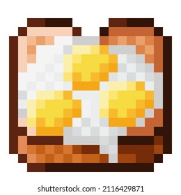 3 fried eggs and bread pixel art. Vector illustration.