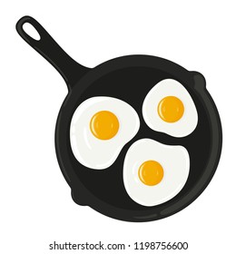 3 fried eggs in a frying pan isolated on white background. Yummy breakfast. Vector hand drawn illustration.
