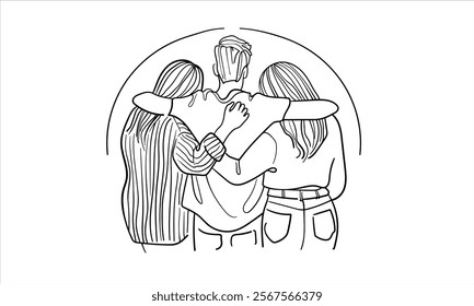 3 friends hugging continuous line art drawing isolated on white background. 3 people in the back. Vector illustration	