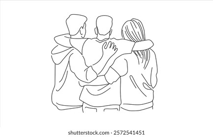 3 friends hugging continuous line art drawing isolated on white background. 3 people in the back. Vector illustration	