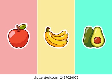 3 Fruit Sticker Apple, Banana and Avocado Cartoon Vector Icon Illustration Food Nature Icon Concept Isolated Premium Vector. Flat Cartoon Style 