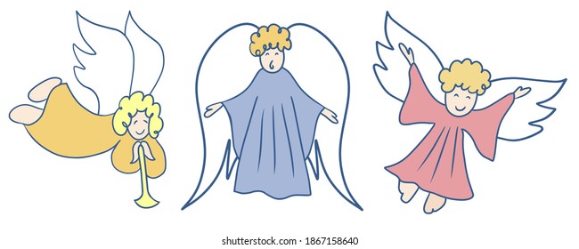 3 funny characters of Angels for Christmas
Hand drown Angels figures flying, proclaiming, trumpeting and rejoicing with smiles in long robes with white wings and blond curls isolated on white backgrou