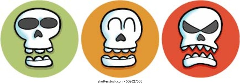 3 funny colorful skulls icon for Halloween or humorous situation.